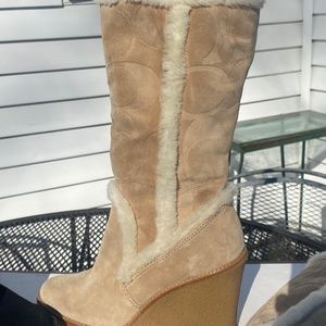 New COACH SIGNATURE SUEDE BOOTS- Black  & Tan -size 6 in original boxes